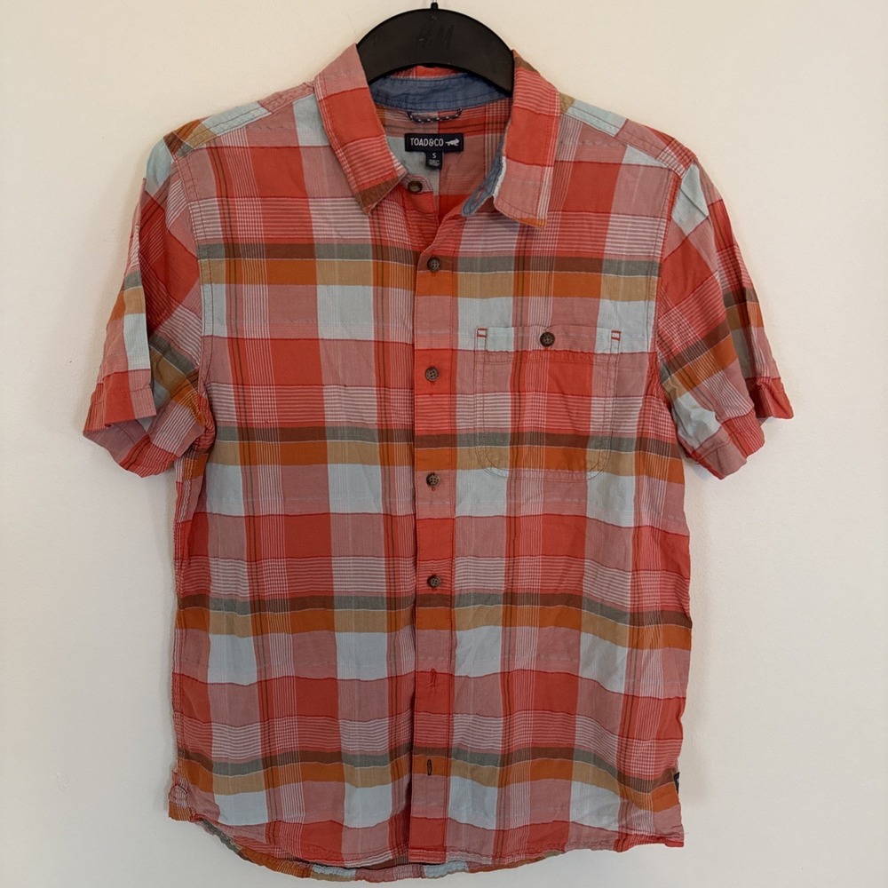 Toad & Co Fletch Short Sleeve Shirt Mens Small‎ Orange Plaid